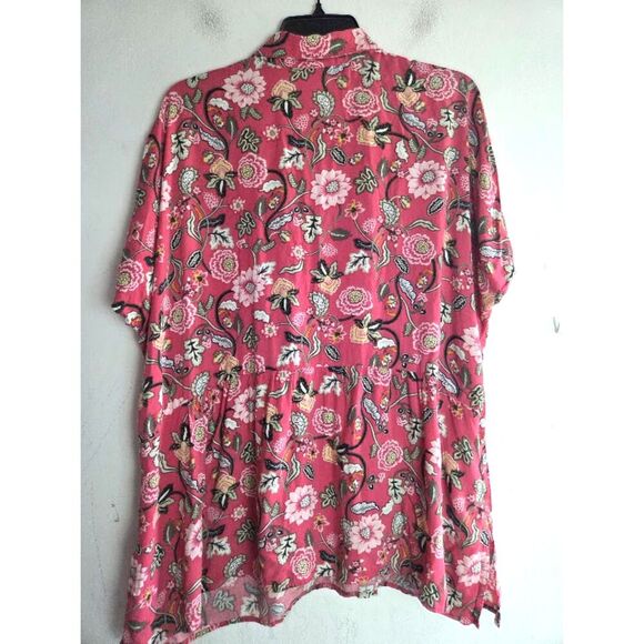 J.Jill Pink w/Multicolor Floral Print Pop-Over Baby Doll Collard Blouse size XL - Picture 2 of 6